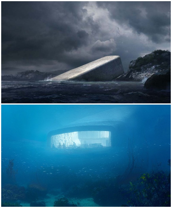 Бетонная конструкция подводного ресторана Under противостоит штормам, а огромное акриловое окно во всю стену позволяет беспрепятственно наблюдать за подводным миром (Линдеснес, Норвегия).