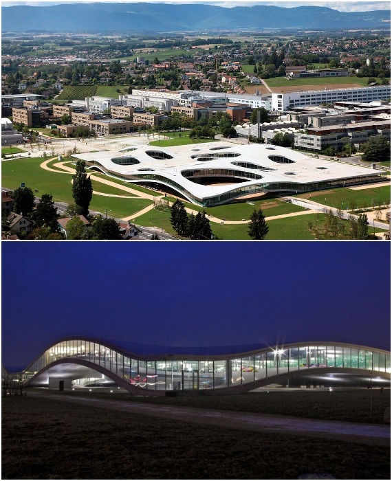Сюрреалистичное архитектурное творение, разработанное студией SANAA стало местом притяжения для студентов, преподавателей и любознательных жителей города (Rolex Learning Centre EPFL, Швейцария). 