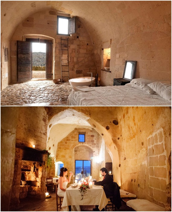 Отдых в древних пещерах привлекает романтиков и любителей приключений (Sextantio Le Grotte della Civita, Италия).