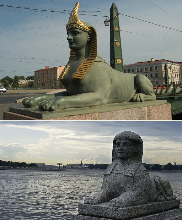 Грозных стражей египетских гробниц и древних храмов в разном обличии можно увидеть на мостах, набережных и у входа в некоторые учреждения (Санкт-Петербург).
