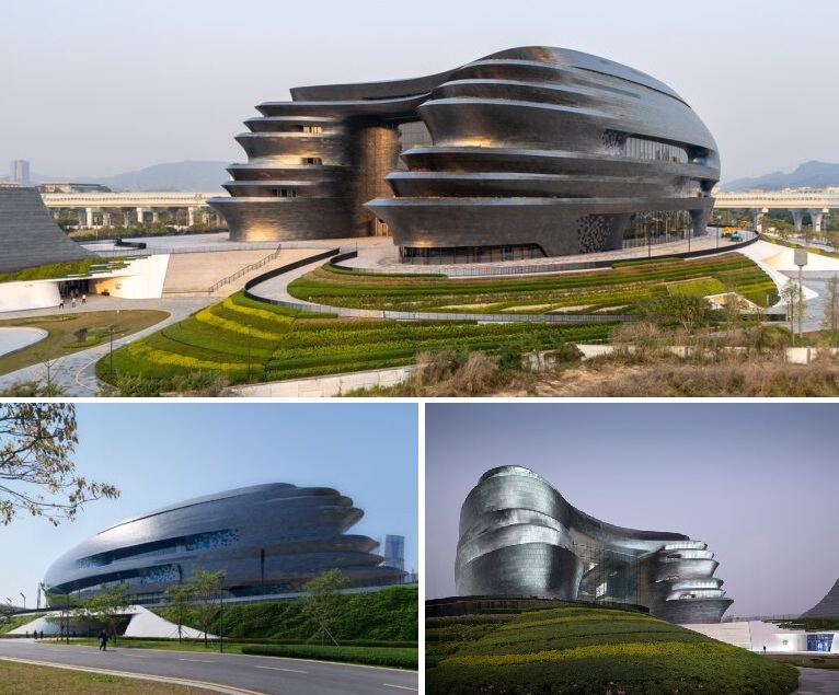 Фасад Shenzhen Science & Technology Museum облицован нержавеющей сталью покрытой инновационной оксидной пленкой. Фасад Shenzhen Science & Technology Museum облицован нержавеющей сталью покрытой инновационной оксидной пленкой.
