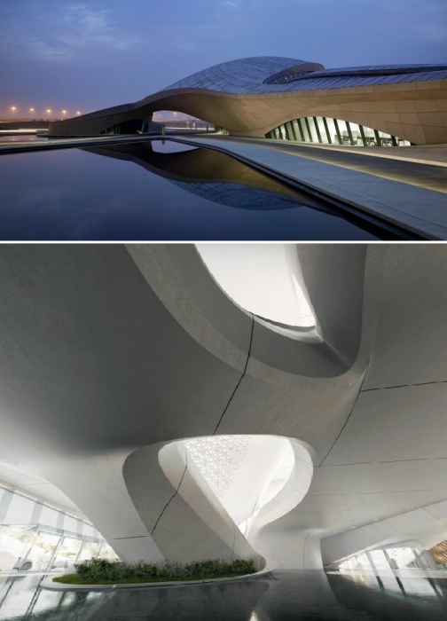Интерьеры имеют такие же причудливые, обтекаемые формы, как и конструкция «дюн-модулей», из которых состоит здание штаб-квартиры компании BEEAH Group (Шарджа, ОАЭ).