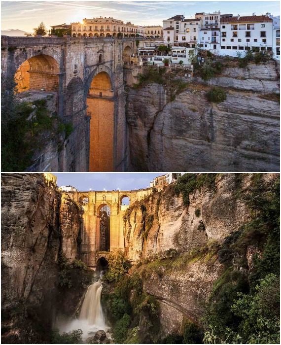 Через глубокое ущелье, разделяющее скальный город, перекинут великолепный каменный мост (Ронда, Испания).