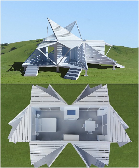 Реечные панели можно поднимать и опускать таким образом, чтобы они затеняли некоторые зоны в зависимости от времени суток или желания создать более интимную обстановку (концепт The Folding Dream House).