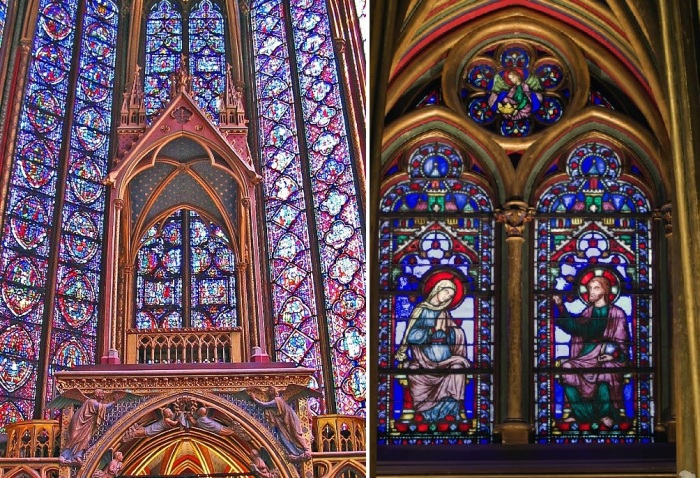 15-метровые витражи Сент-Шапель с изображением более 1 тыс. сцен из Ветхого и Нового завета занимают площадь более 600 кв. метров (Франция). 