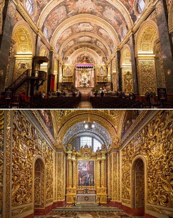 Роскошное убранство противопоставляется скромности оформления святынь эпохи Возрождения (Собор Святого Иоанна, Мальта).