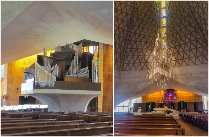 Четыре 58-метровых пилона поддерживают купол, состоящий из 1680 сборных треугольных фрагментов и множества витражей на стыках (Собор St. Mary's Cathedral, Сан-Франциско). 