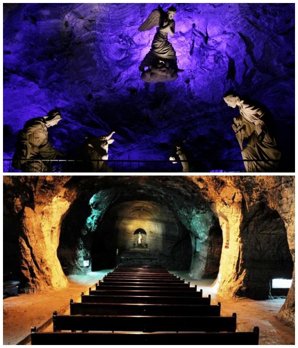 Подземные галереи украшены скульптурами из соли, добытой в шахте Сипакиры (Колумбия).