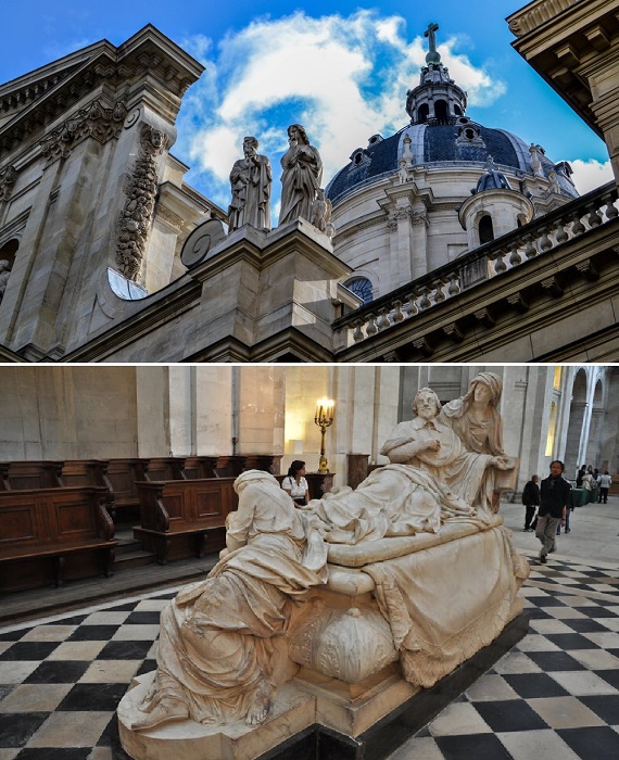 Купол часовни и надгробие кардинала Ришелье, установленное в главном зале для литургий (Сорбонна, Париж).