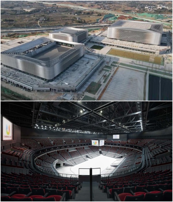 Самая большая кубическая структура отдана под организацию спортивной арены вместимостью 18 тыс. зрителей (Sports Center by Chengdy, Китай).