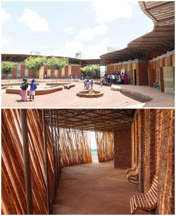 Благодаря грамотной планировке и использованию традиционных методов строительства в школе всегда комфортный микроклимат (Кудугу, Буркина-Фасо).