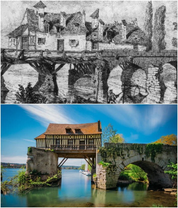 Мельница, стоящая на 2 опорах каменного моста XII века – одинокий свидетель прошлого и колоритная достопримечательность настоящего (Вернон, Франция). 