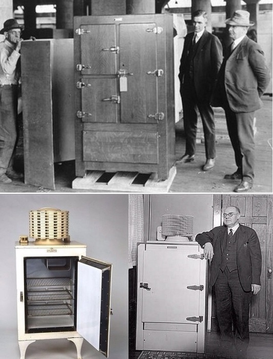 Один из первых компрессионных холодильников Frigidaire и пример серийного бытового холодильника General Electric.