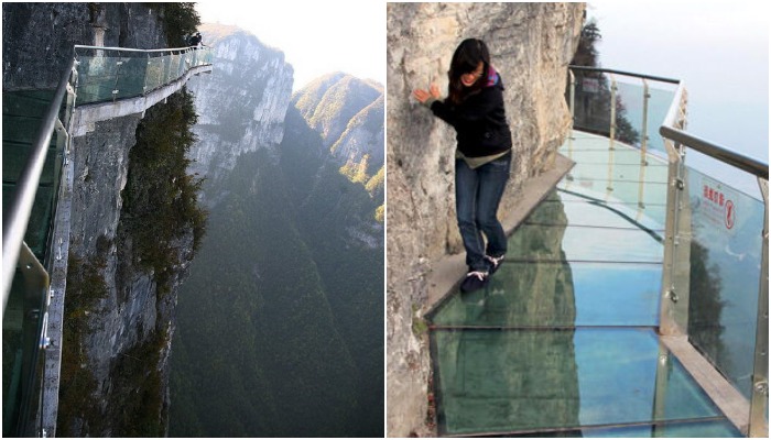 Даже тот, кто решился пройтись по 60-метровой «Стеклянной небесной тропе», старается прижаться к стеночке (Тяньмэнь, Китай).