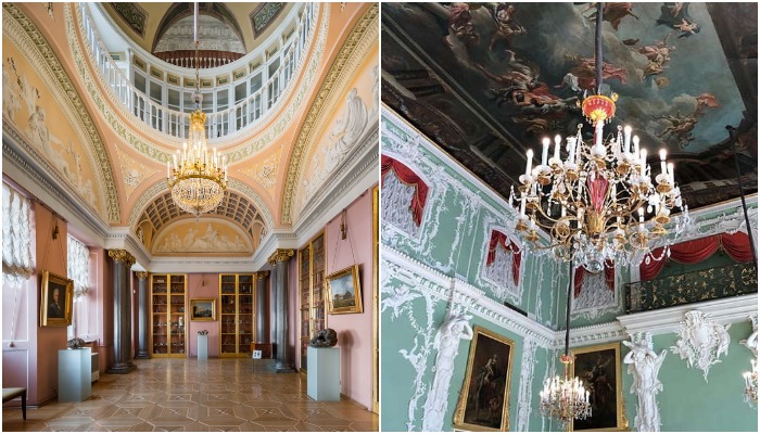 Оформление интерьеров не является напыщенным декором, каждый элемент превратился в экспонат Русского музея (Строгановский дворец, Санкт-Петербург).