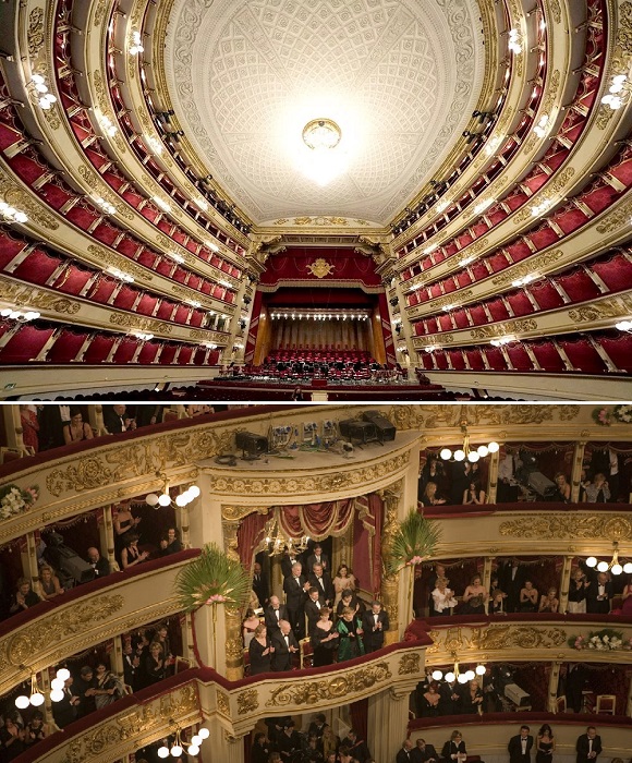 Зал оперного театра, имеющий форму подковы, состоит из 5 ярусов, галерей и переходов (La Scala, Милан).