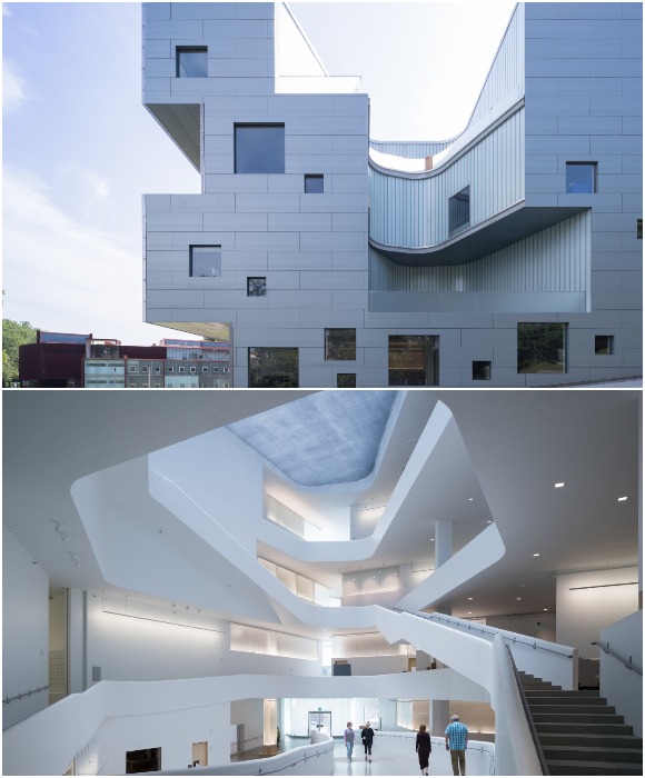Футуристические формы здания повторяются и в организации внутреннего пространства (University of Iowa, Stanford: The Art in STEM).