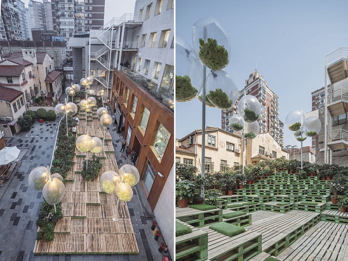 Строительные поддоны легко превратить в общественную зону отдыха, стоит лишь проявить фантазию (Urban Bloom, Шанхай). 