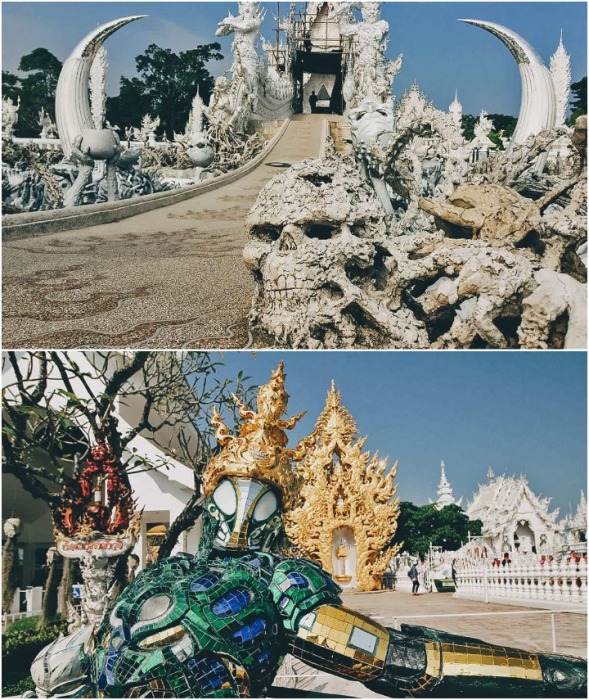 На территории храмового комплекса можно гулять часами, изучая причудливые композиции и удивительных персонажей (Wat Rong Khun, Таиланд).