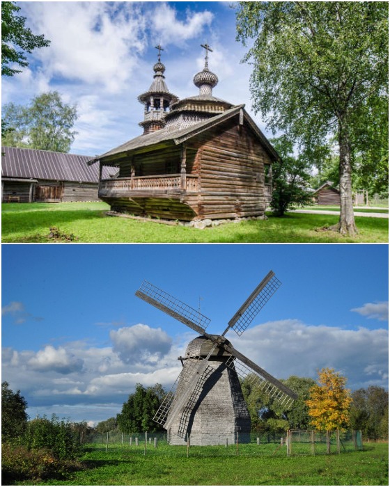 Среди экспонатов музея можно увидеть древнейшие церкви, колоритные избы и ветряные мельницы («Витославлицы», Новгородская область).