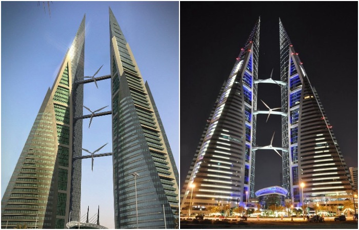 Коническая форма эллиптических башен действует как аэродинамический профиль, перенаправляя потоки морского ветра на лопасти ветряных турбин (Bahrain World Trade Center, Манама).