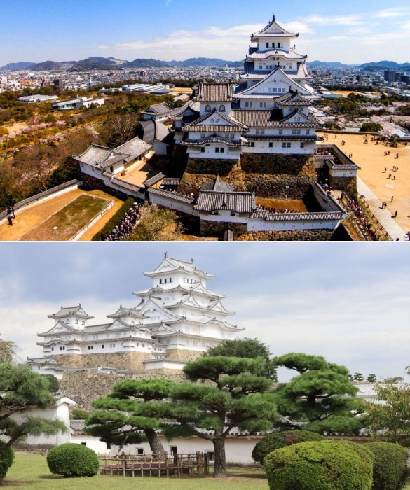 В состав замкового комплекса входит 83 сооружения, в одном из которых сохранилась 800-летняя кипарисовая балка, прикосновение к которой дарует удачу (Замок Химэдзи, Япония).