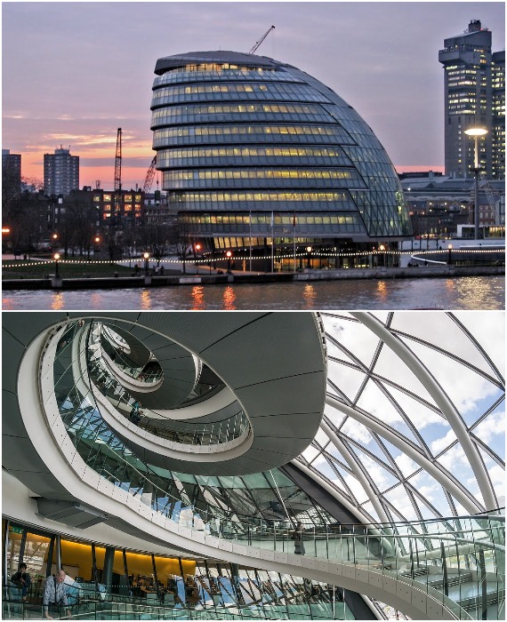 Несмотря на масштабное остекление в здании внедрено множество энергоэффективных систем и технологий, позволяющих экономить до 75% электричества (City Hall, Лондон).