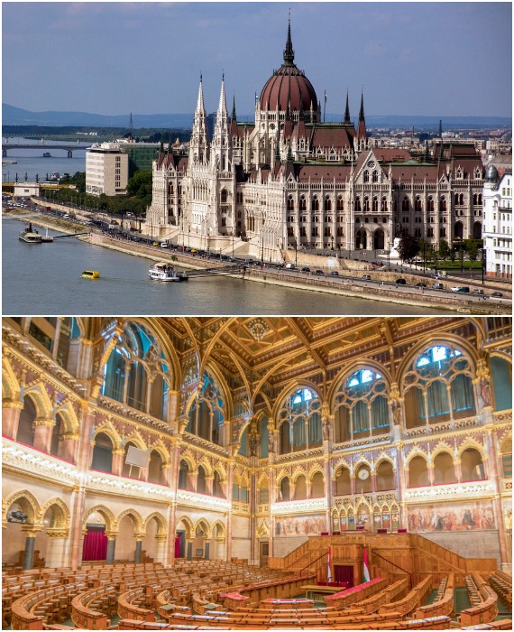 Монументальное здание Парламента с его гигантскими масштабами и в сочетании с готическим величием делают его особенно заметным и впечатляющим архитектурным шедевром страны (Будапешт, Венгрия).
