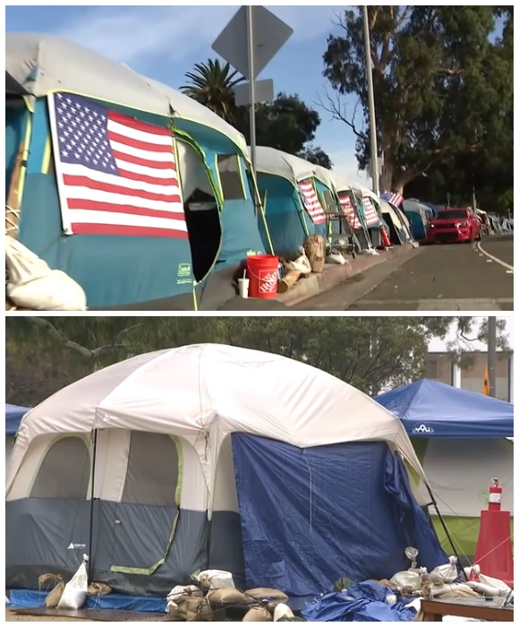 Палаточный лагерь ветеранов, живущих на обочине одной из улиц Лос-Анджелеса (США).