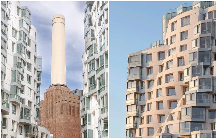 Белоснежные «танцующие» корпуса нового жилого комплекса Prospect Place эффектно выглядят на фоне легендарного объекта – электростанции Баттерси (Лондон, Великобритания). 