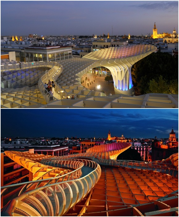 Верхние террасы и крыша Metropol Parasol являются прогулочными зонами и смотровыми площадками (Севилья, Испания).