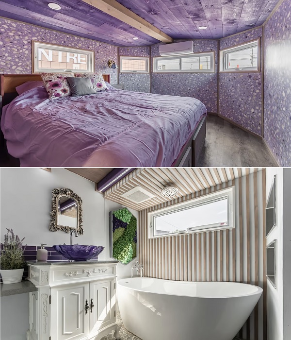 Спальня на нижнем уровне и ванная комната Purple Manor.