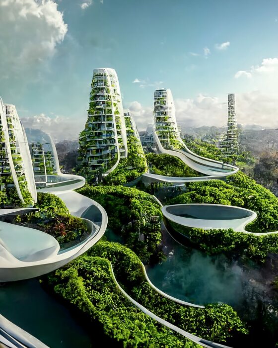 Высотки с вертикальными садами станут идеальным фильтром для очистки воздуха (концепт AI x Future Cities). | Фото: amazingarchitecture.com.
