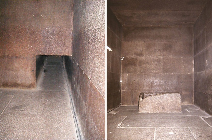 Вход в «Камеру царя» и само пространство с саркофагом (Пирамида Хеопса, Египет).