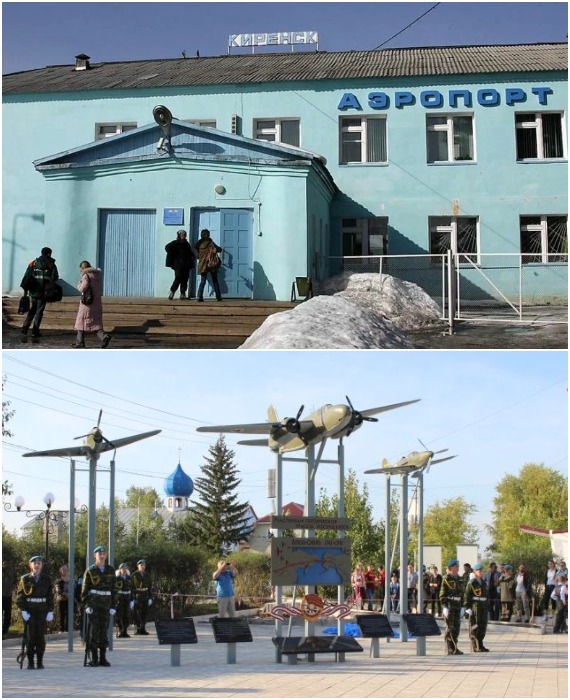 Здание аэропорта и мемориальная композиция из макетов самолетов – «Аэрокобра», «Кингкобра» и «Бостон», установленная в центре города (Киренск, Иркутская область).