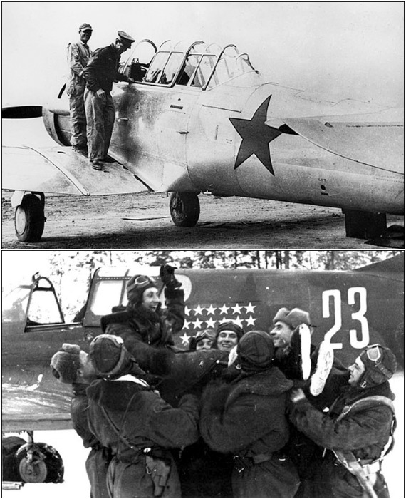 Старший лейтенант Н. Ф. Кузнецов возле North American AT-6 Texan и после успешного боевого вылета на доставленном в СССР самолете. 