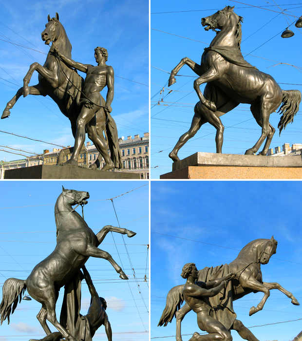 Четыре скульптурные композиции «Укротители коней» от барона Петра Карловича Клодта – величайшего «лошадиного» мастера (Аничков мост, Санкт-Петербург).