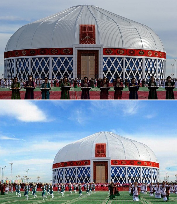 «Белые юрты» возведены в крупных городах страны, где проходят массовые мероприятия (Туркменабад, Туркмения).