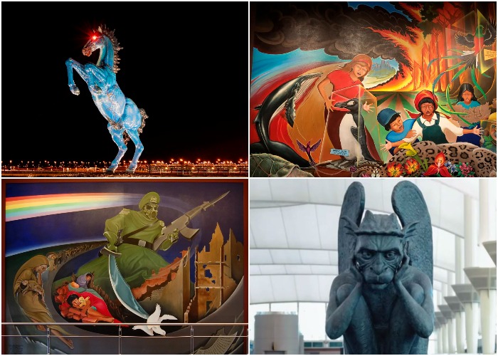 В аэропорту пассажиров встречают загадочные статуи, фрески и надписи, порождающие множество мифов и предположений (Denver International Airport, США).