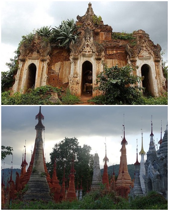 Удивительной красоты архитектурные творения встречают тех, кто добрался до вершины, где находится группа Пагод Ньяунг Охак (деревня Индейн, Мьянма).