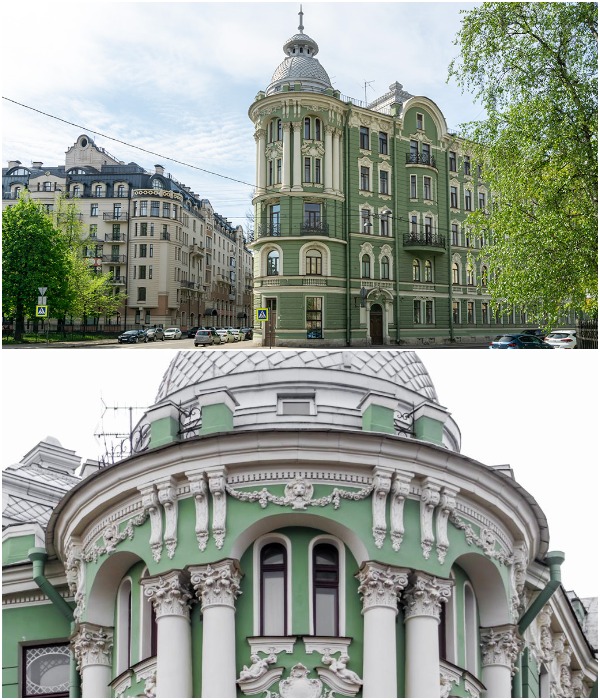 Острый угол здания прикрывает башня-ротонда, богато украшенная лепниной в барочном стиле (Доходный дом Колобовых, Санкт-Петербург).