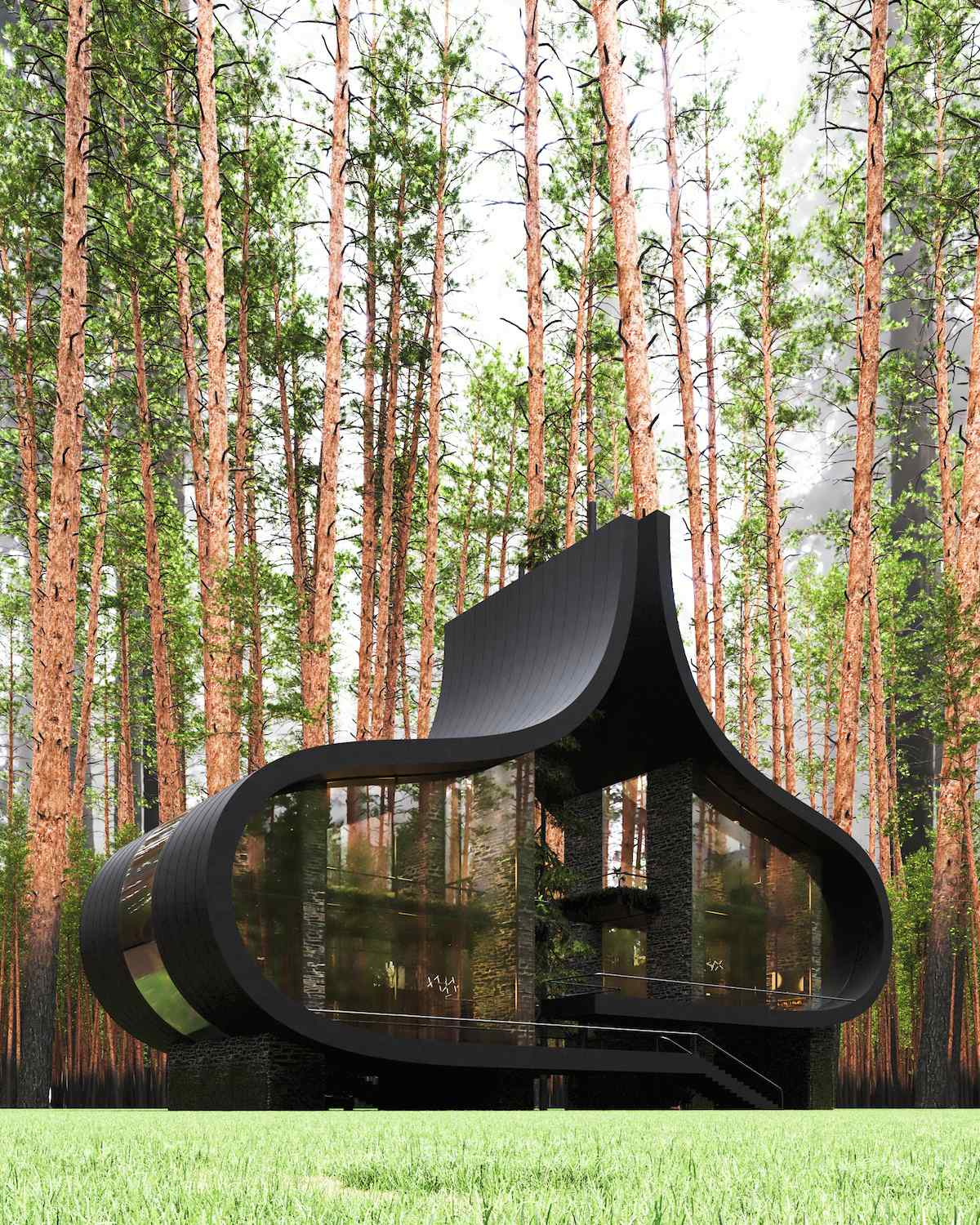 «Дом сестер-близнецов», установленный на высоких опорах, обеспечивает дополнительными местами отдыха и парковкой. «Дом сестер-близнецов», установленный на высоких опорах, обеспечивает дополнительными местами отдыха и парковкой.