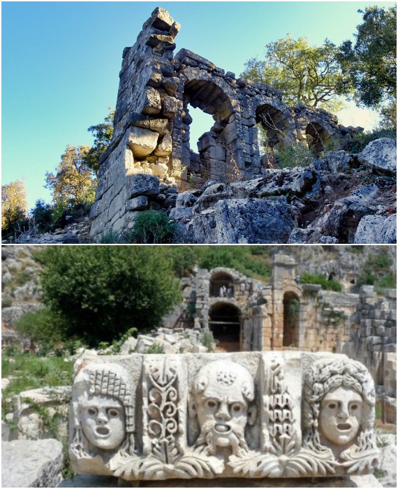 На территории древнего ликийского города сохранилось множество памятников архитектуры разных эпох и народов (Ариканда, Турция).