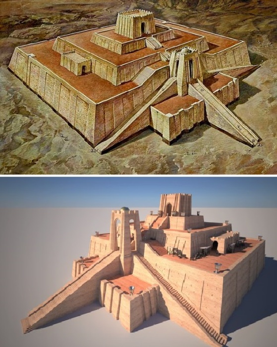 Цифровая визуализация Великого зиккурата в Уре, который был построен по приказу царя Ур-Намму. 