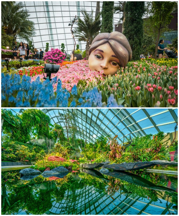 Гигантские оранжереи «Цветочный купол» и «Облачный лес» в парке Gardens by the Bay (Сингапур).