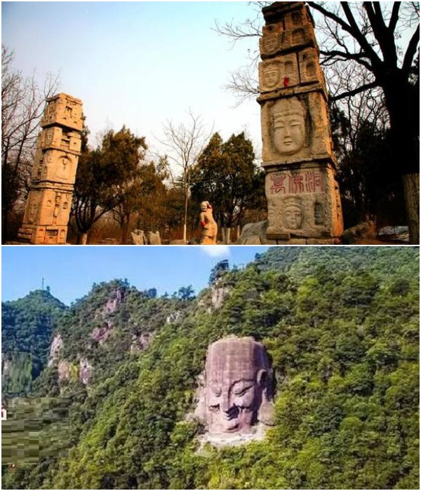 По склону горы разбросано множество каменных стел и изваяний будд (Mountains of a Thousand Buddhas Park, Китай).