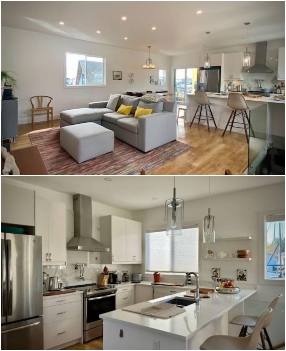 Открытая планировка гостевого дома сделала жилое пространство просторным и уютным (E-TEN Float Home, Ванкувер).