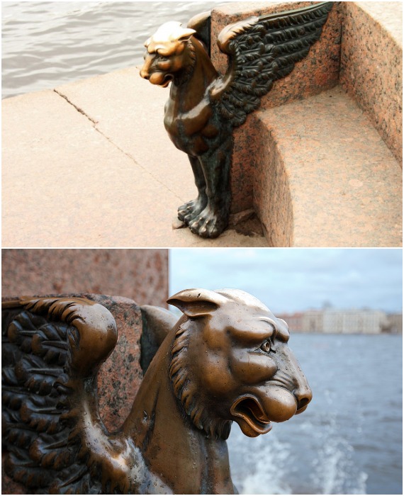Утраченные грифоны на Университетской набережной, отлитые по моделям скульптора П. П. Годе в 1834 году, были воссозданы архитекторами И. Н. Бенуа и А. Е. Поляковым в 1959 г. (Санкт-Петербург).