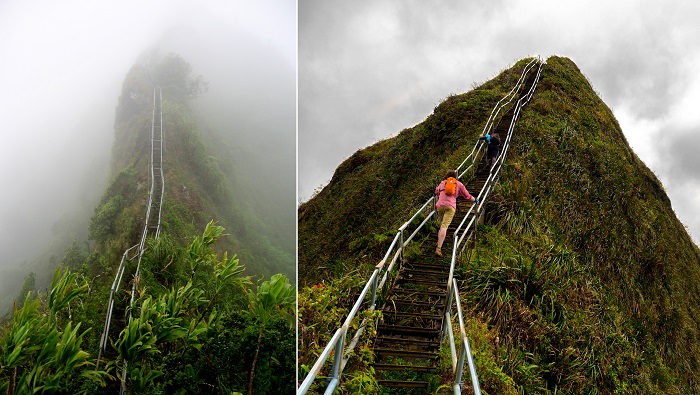 3922 ступени Haiku Stairs, ведущие вверх по зеленому горному хребту Кулау, обеспечивают поистине захватывающие впечатления от настолько экстремальных прогулок (остров Оаху, Гавайи).