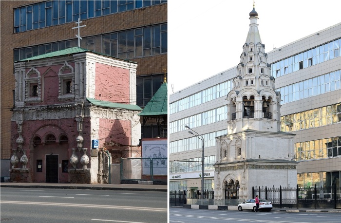 В таком состоянии была колокольня в 1990 году и как она выглядит после реставрации (Храм Рождества Пресвятой Богородицы в Бутырской слободе).